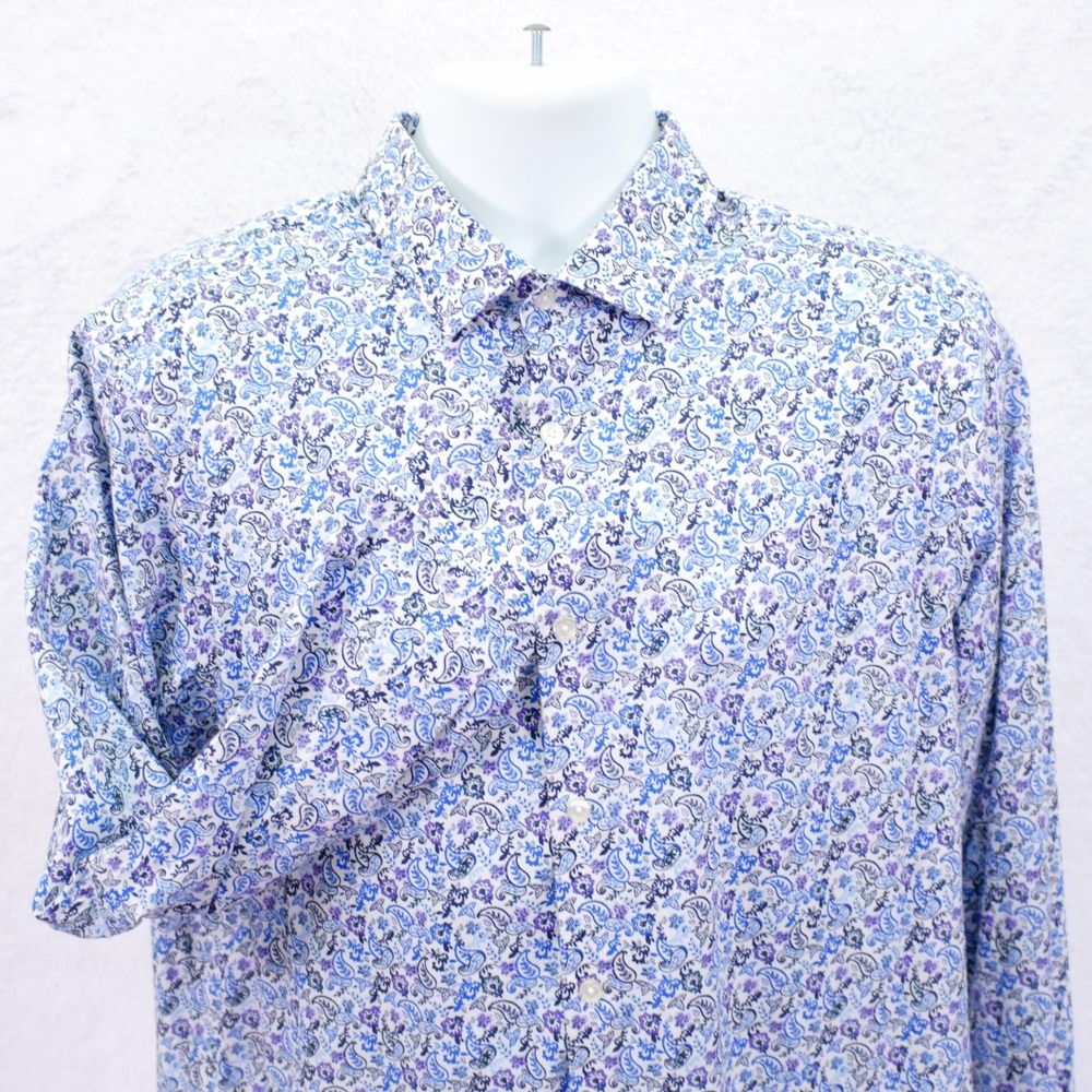 Hart Schaffner Marx White Blue Purple Paisley -Large- Collared Dress Shirt Cotto